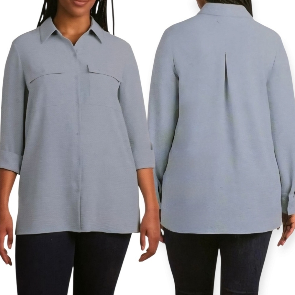 Hilary Radley Women's Light Blue Button-Up Blouse Size XXL Roll Tab Long Sleeves